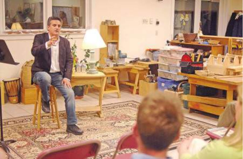 Sports Illustrated reporter Luis Fernando Llosa talks about youth sports to a gathering at the Seacoast Waldorf School in Eliot. Ralph Morang photo